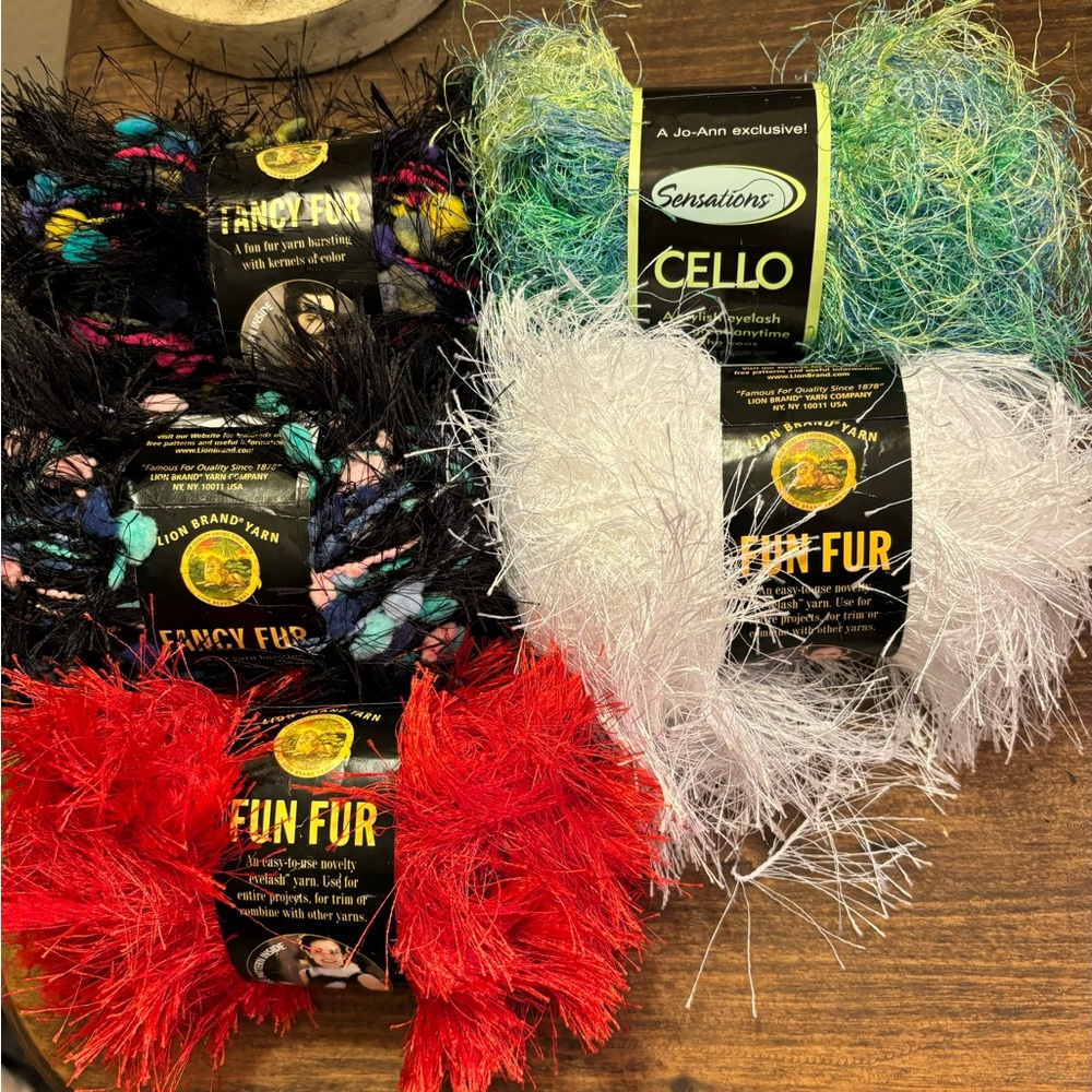 New Lion Brand Yarn, Multicolor Fancy Fur, White & Red Fancy Fur, Cello Eyelash